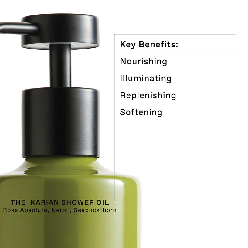 The Ikarian Shower Oil 500ml Clary Sage, Oakmoss, Cassis