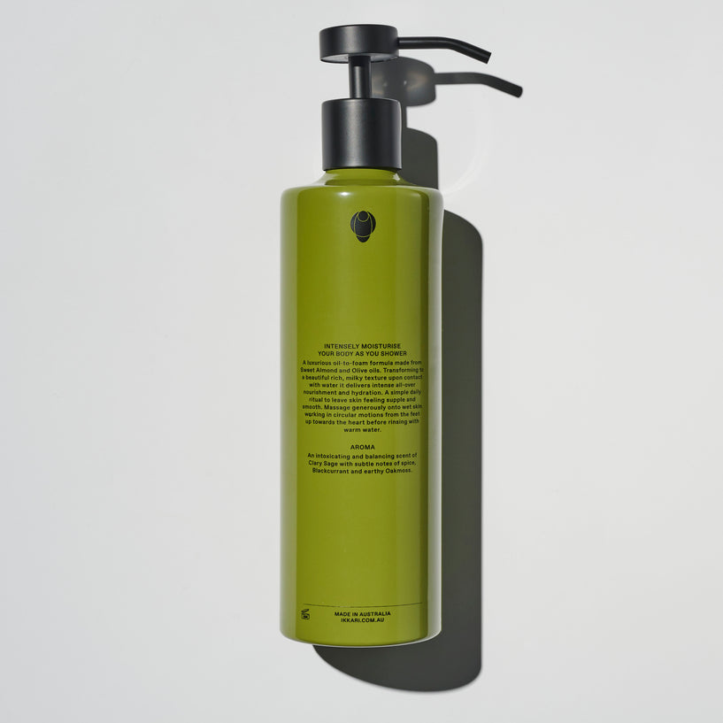 The Ikarian Shower Oil 500ml Clary Sage, Oakmoss, Cassis